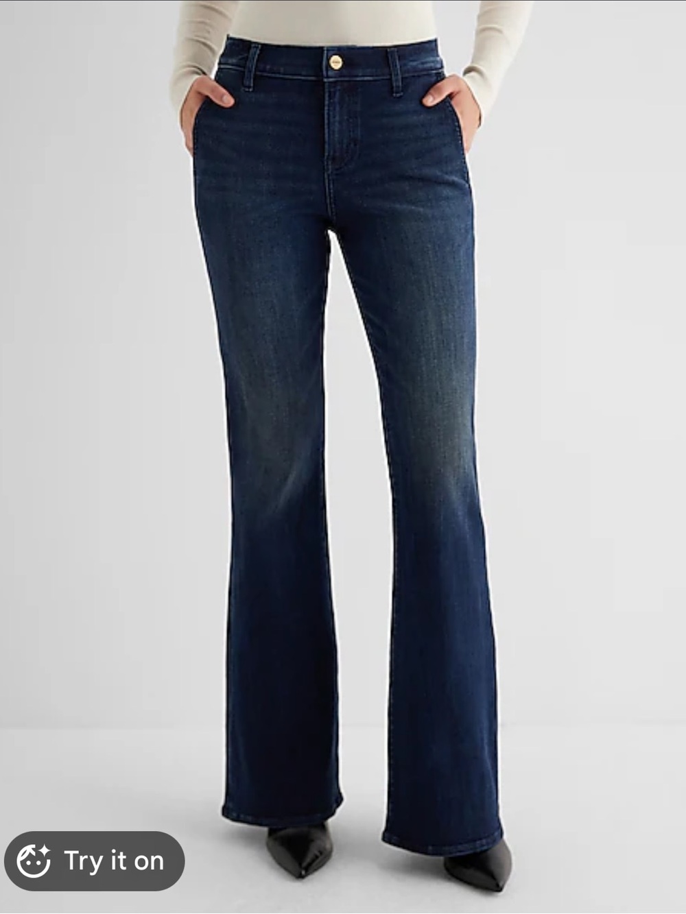 Express Women's Dark Blue Mid-Rise 70s Flare Jeans Size 10 Long